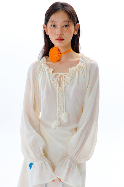 Blue Flower Fruit Ruffle V-Neck Shirt