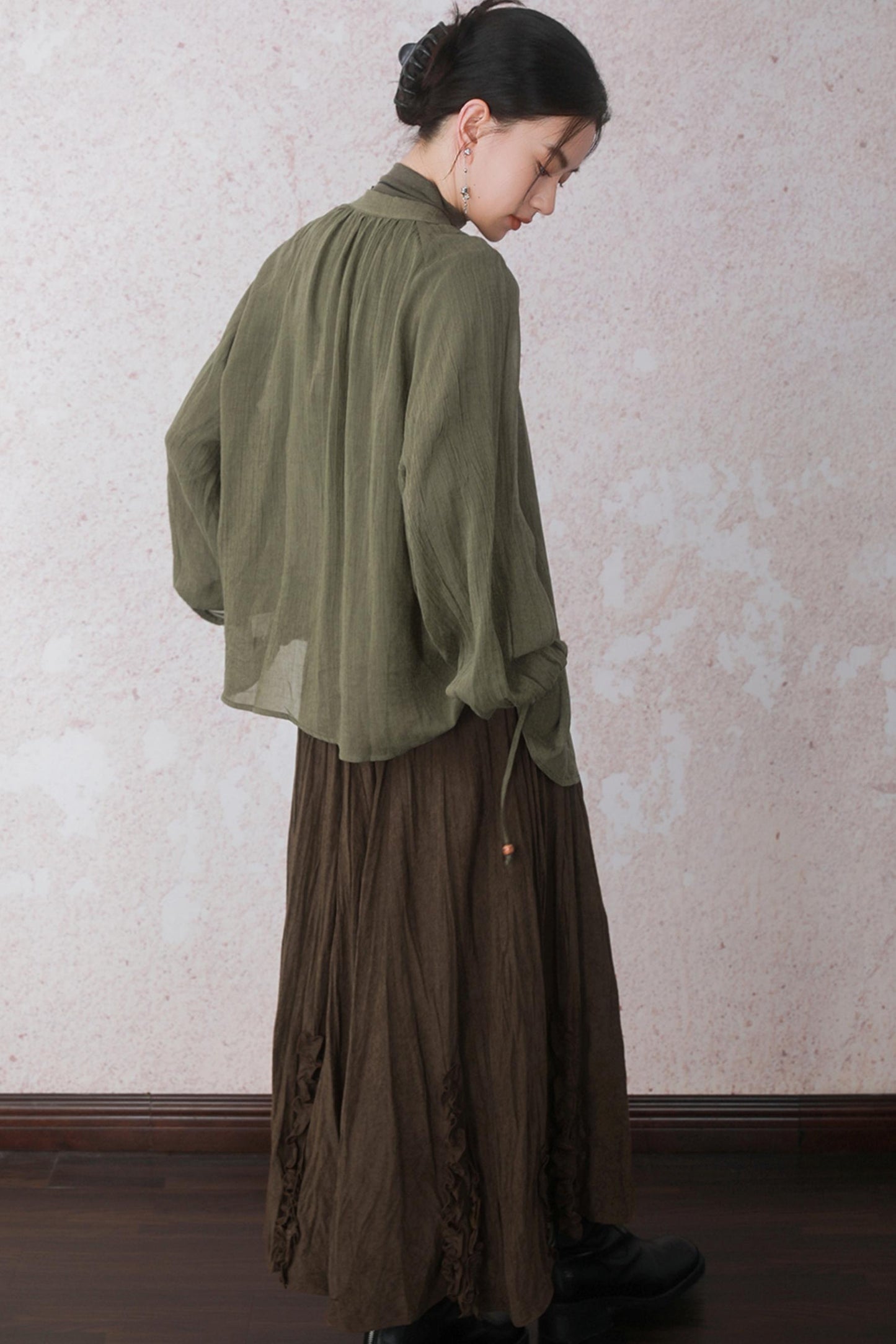 Autumn Green Stand Up Collar Chinese Shirt
