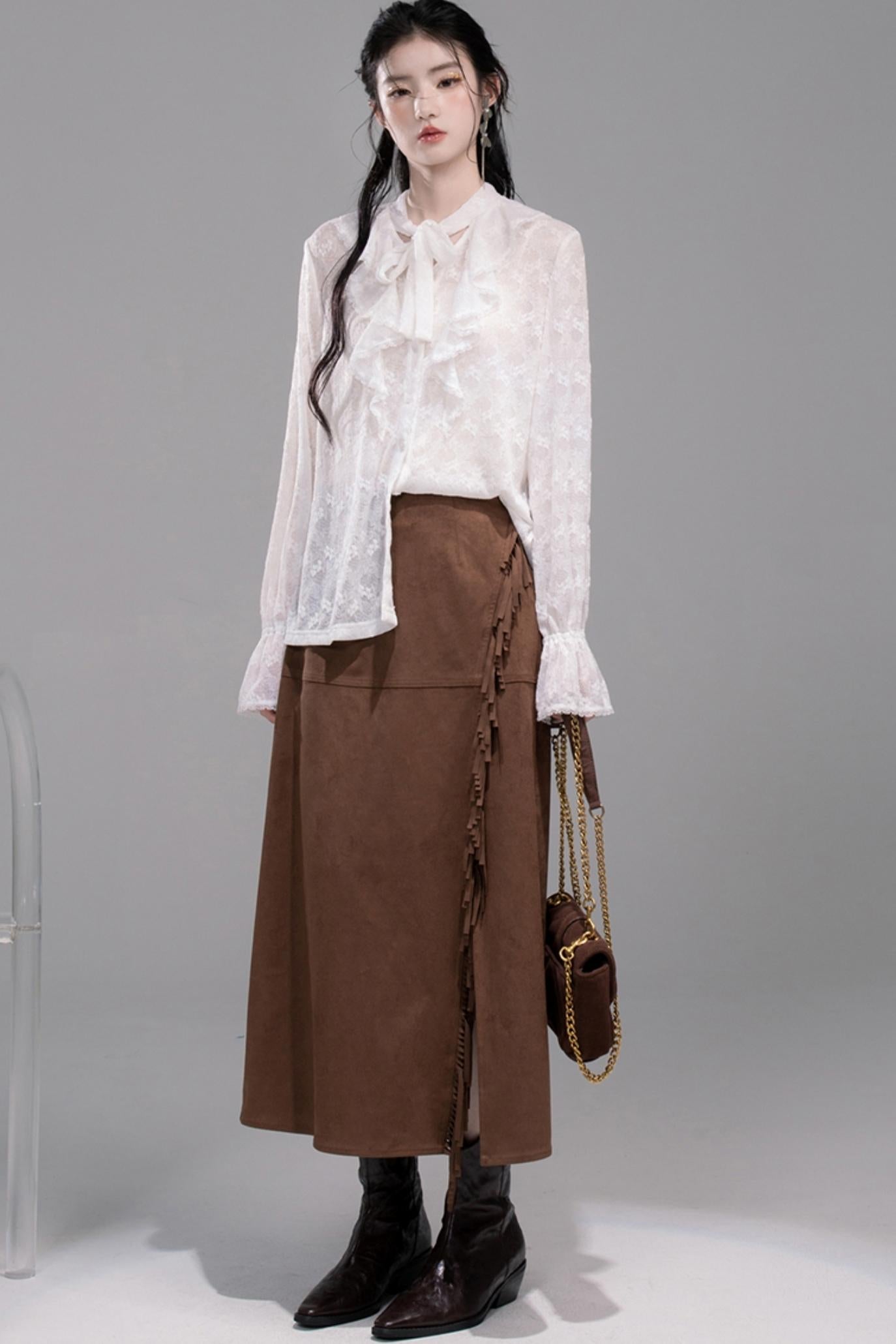 White Cloud Gauze Ruffled Shirt Set-Up