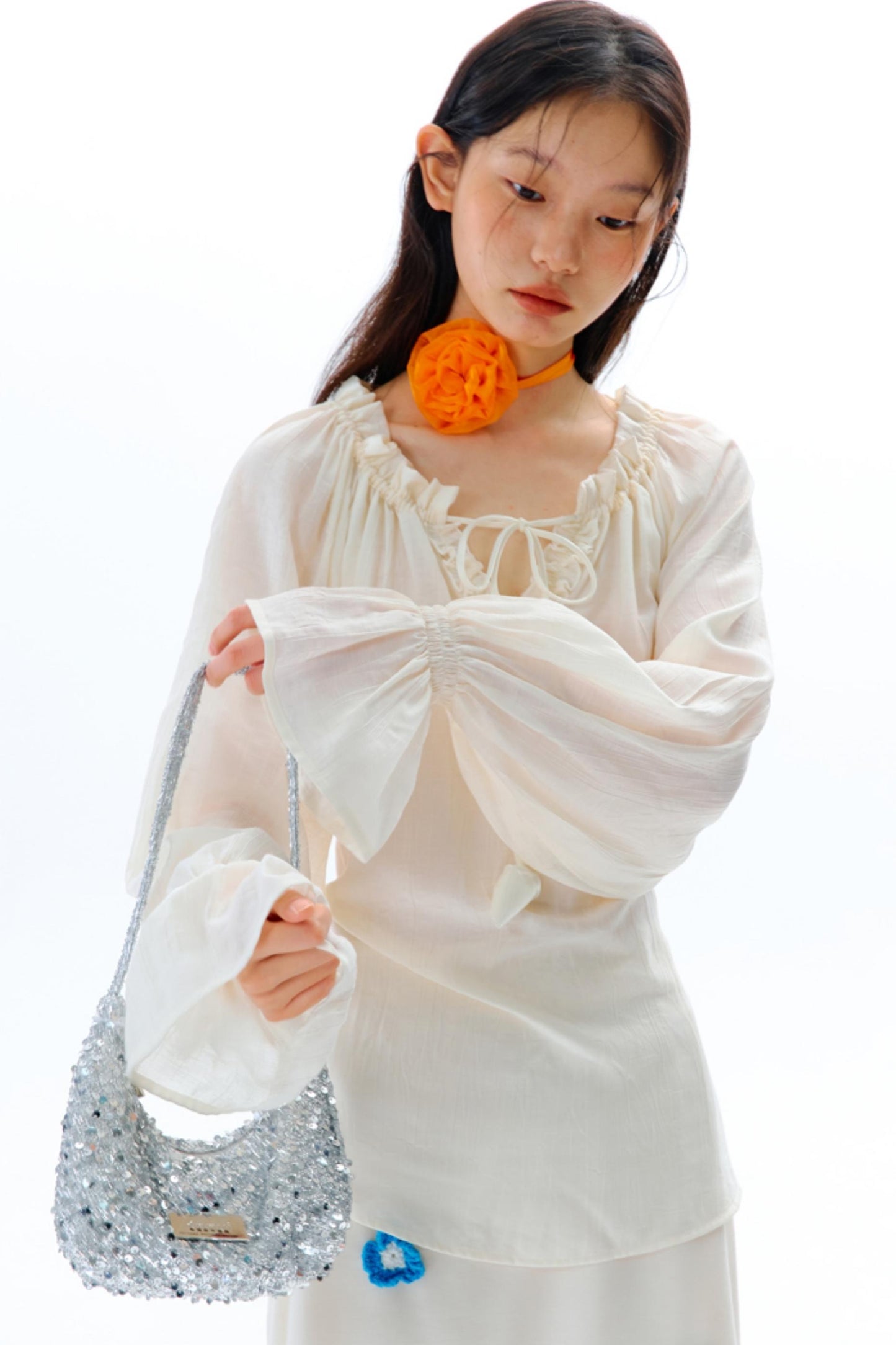 Blue Flower Fruit Ruffle V-Neck Shirt