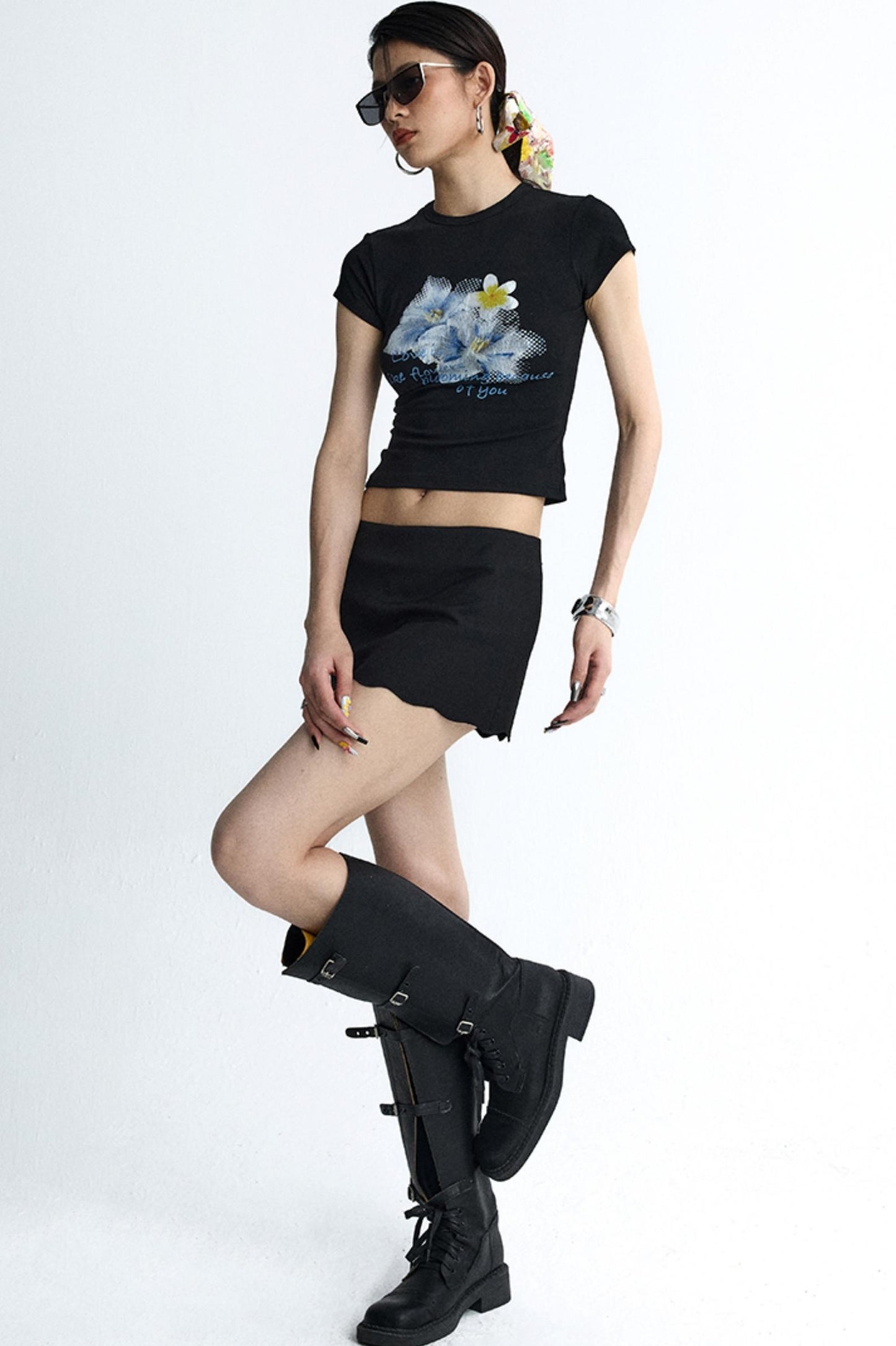 Retro Black Floral Crop T-Shirt