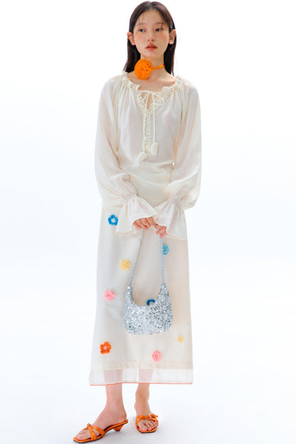 Blue Flower Fruit Ruffle V-Neck Shirt