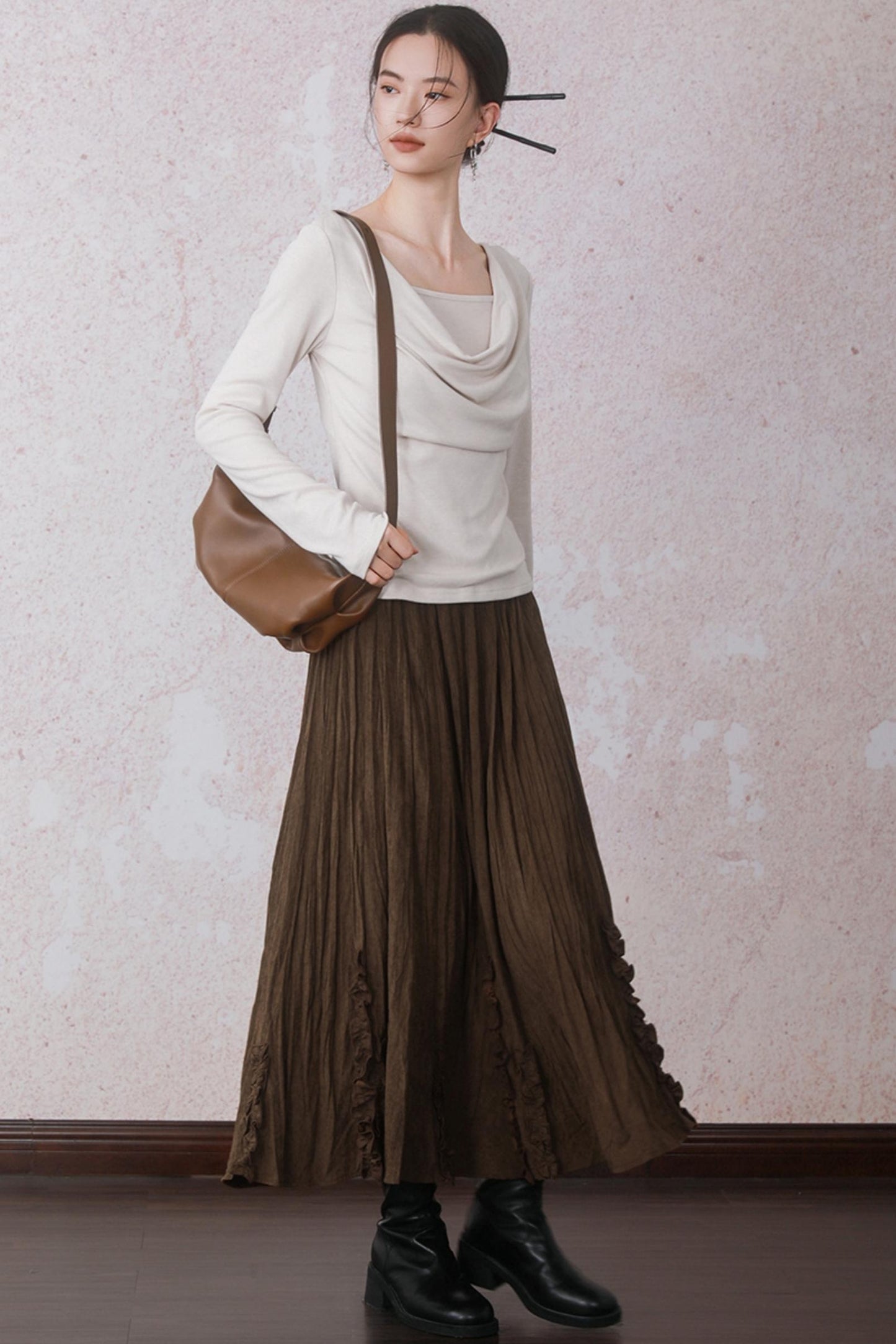 Autumn Brick Brown Fleece A-Line Skirt