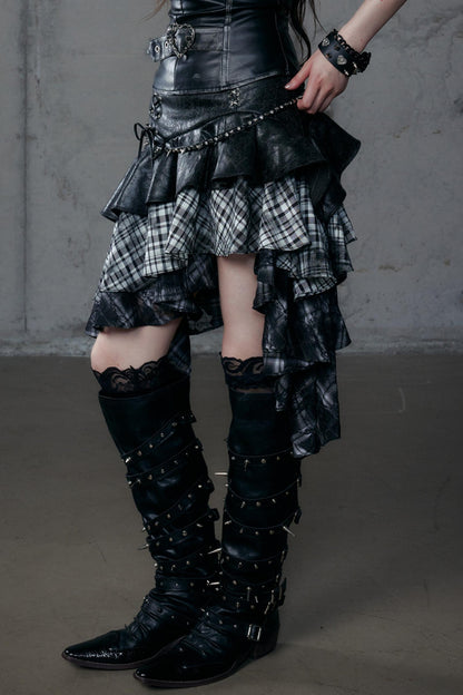 Dark Retro Plaid Leather Skirt