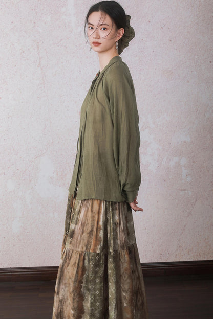 Autumn Green Stand Up Collar Chinese Shirt