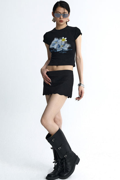 Retro Black Floral Crop T-Shirt