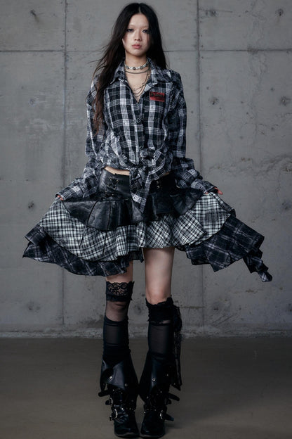 Dark Retro Plaid Leather Skirt