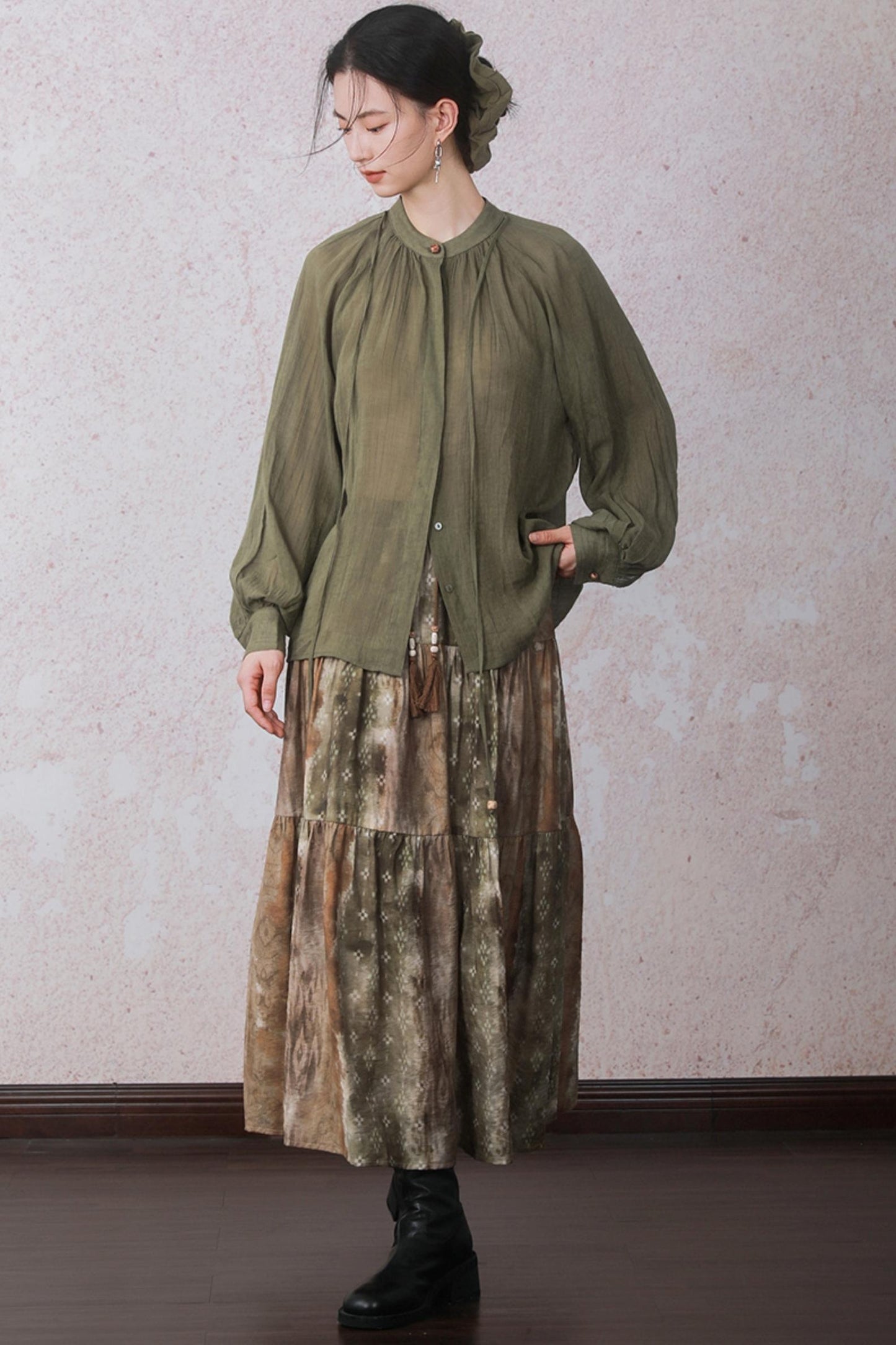 Autumn Green Stand Up Collar Chinese Shirt