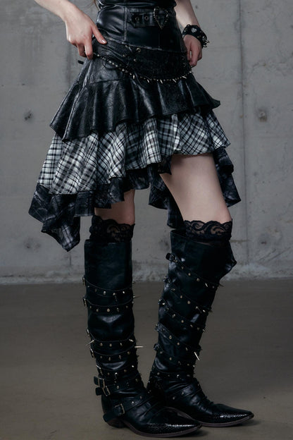 Dark Retro Plaid Leather Skirt