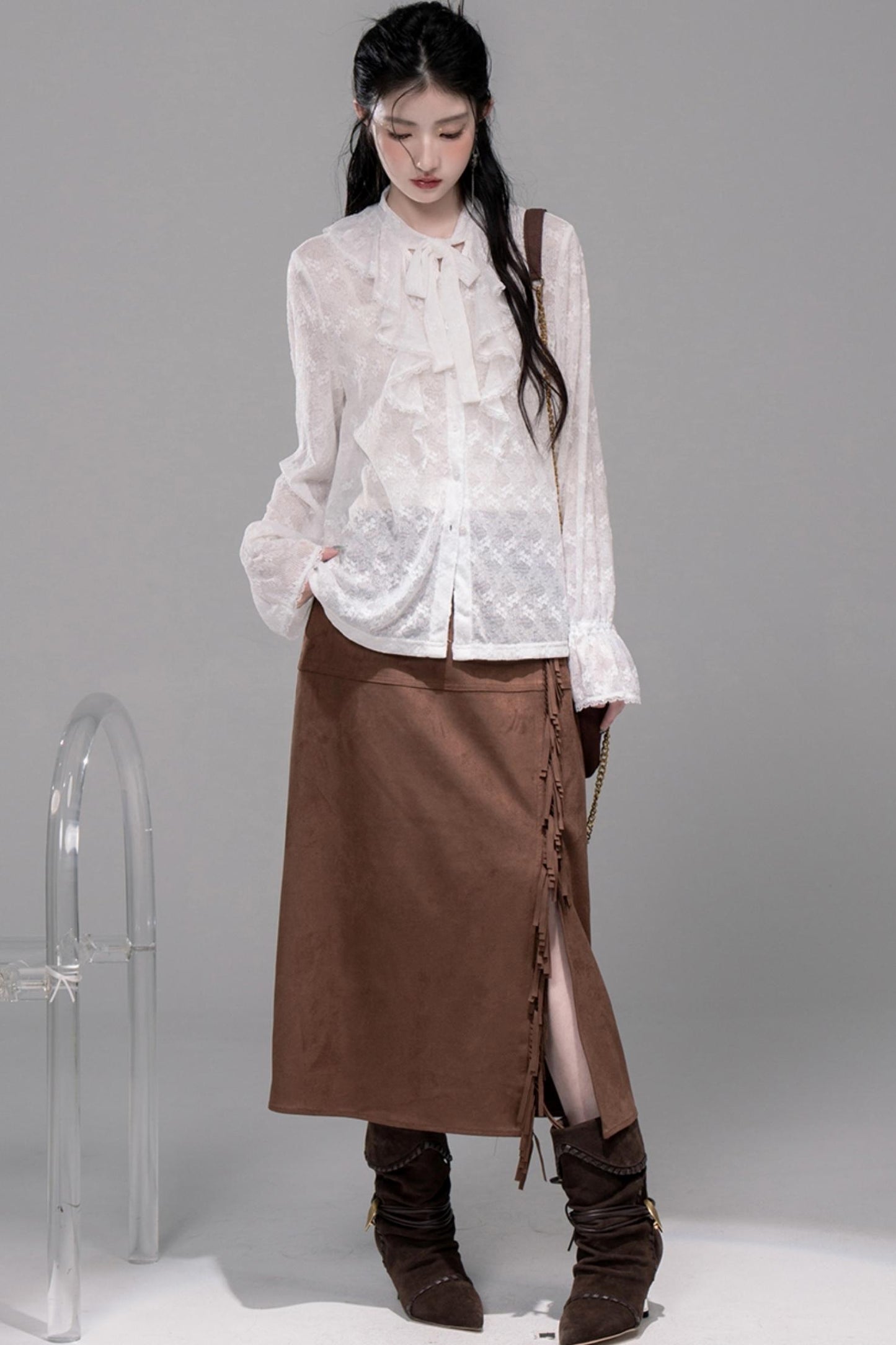 White Cloud Gauze Ruffled Shirt Set-Up