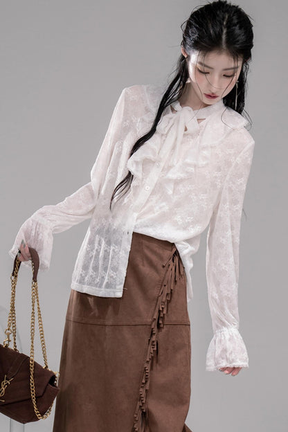White Cloud Gauze Ruffled Shirt Set-Up