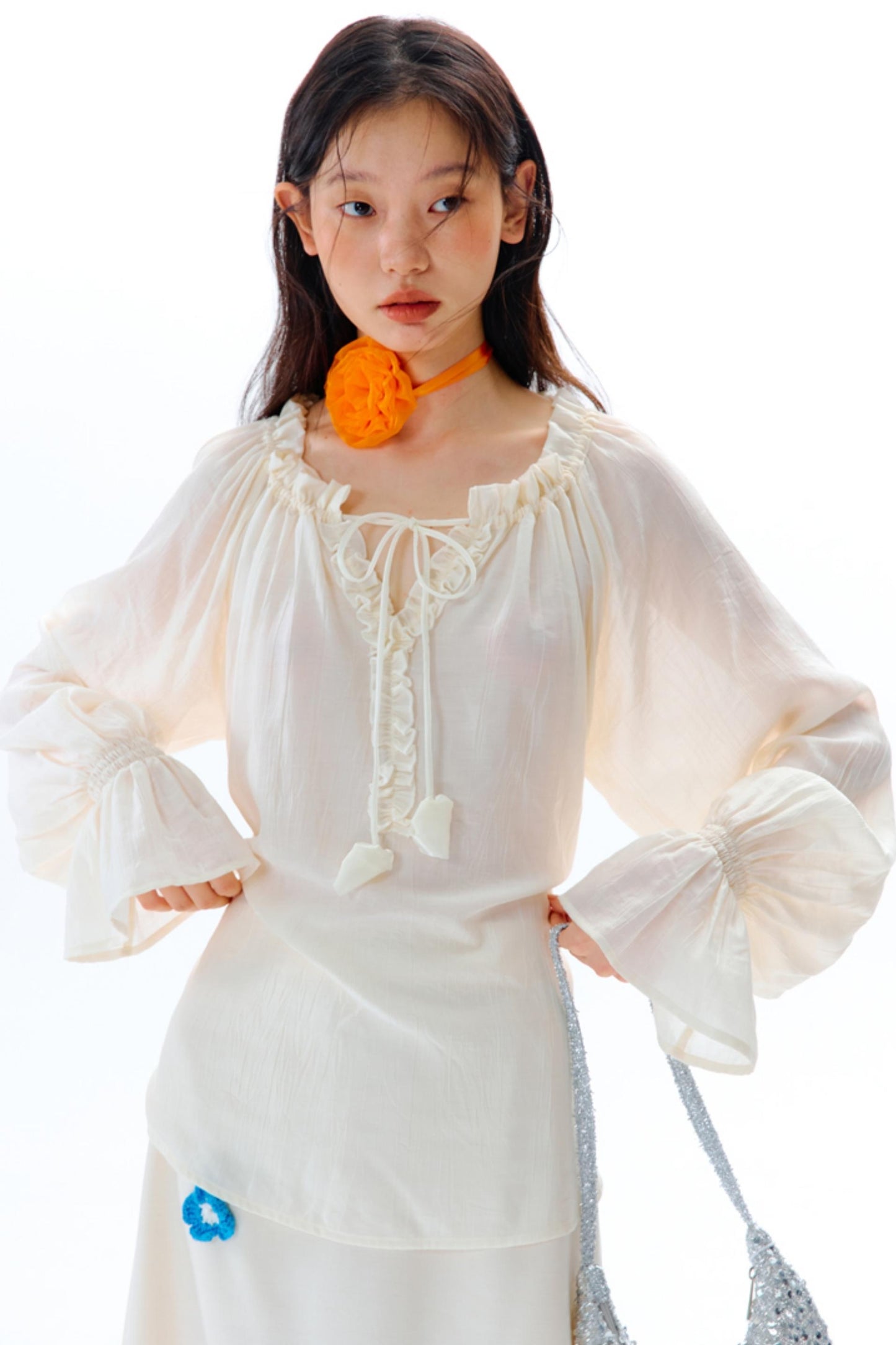 Blue Flower Fruit Ruffle V-Neck Shirt