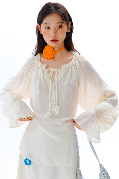 Blue Flower Fruit Ruffle V-Neck Shirt