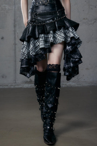 Dark Retro Plaid Leather Skirt
