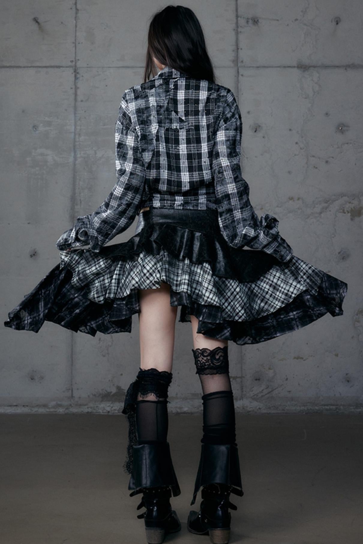 Dark Retro Plaid Leather Skirt