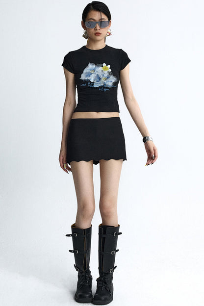 Retro Black Floral Crop T-Shirt