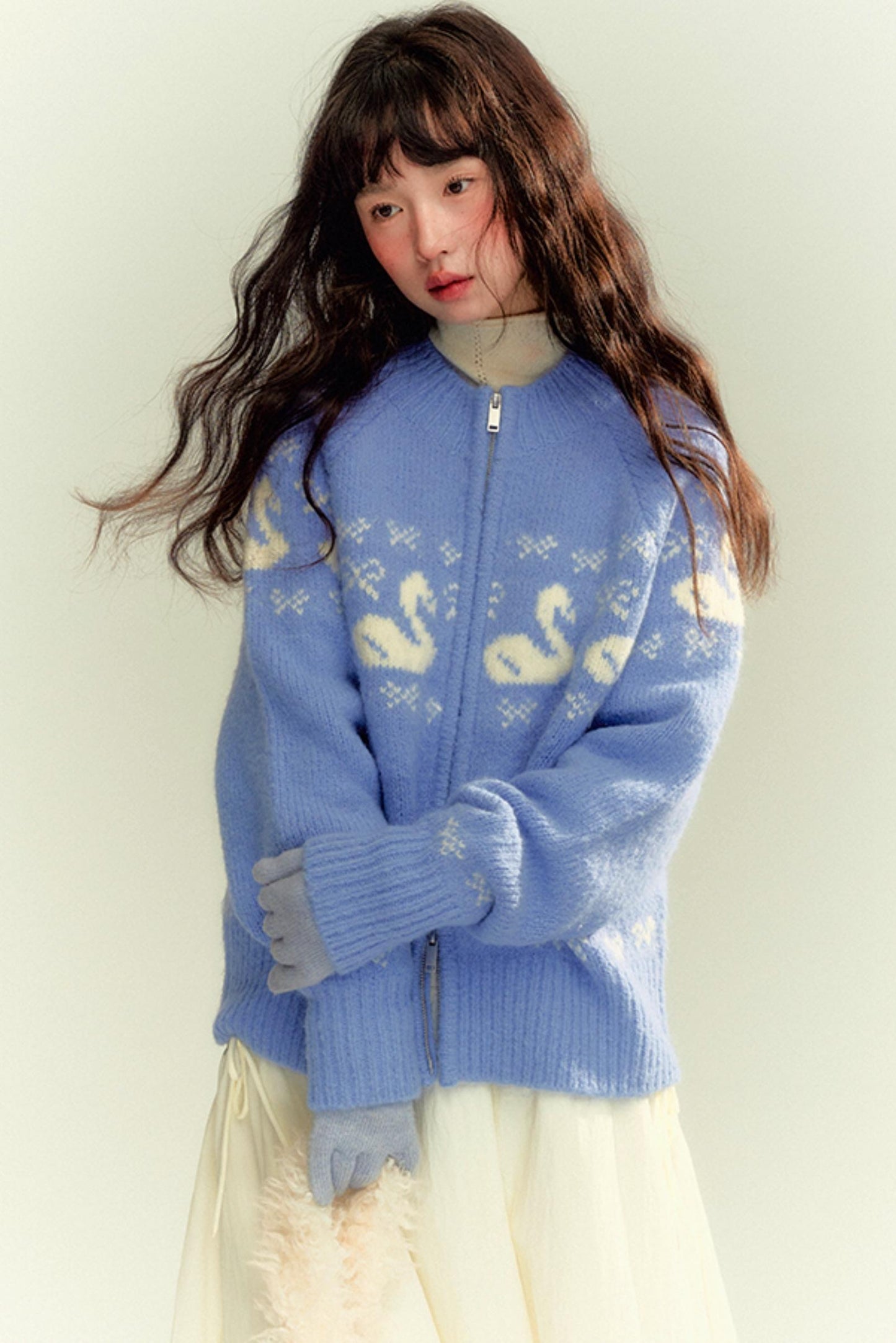 Cream Blue Wool Zipper Sweater