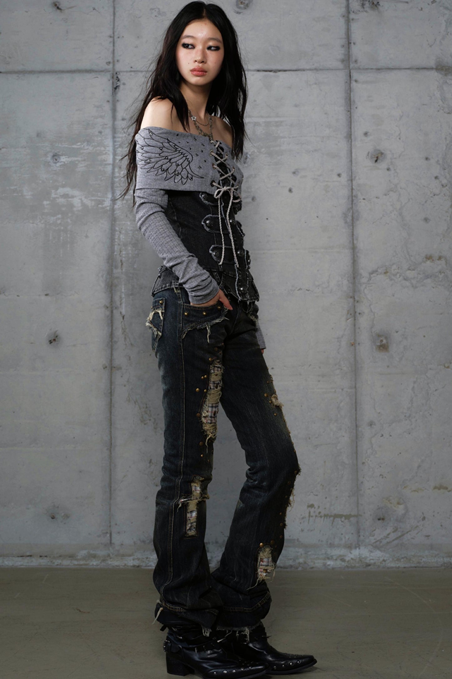 Vintage Denim Embroidered Long Sleeve Shirt