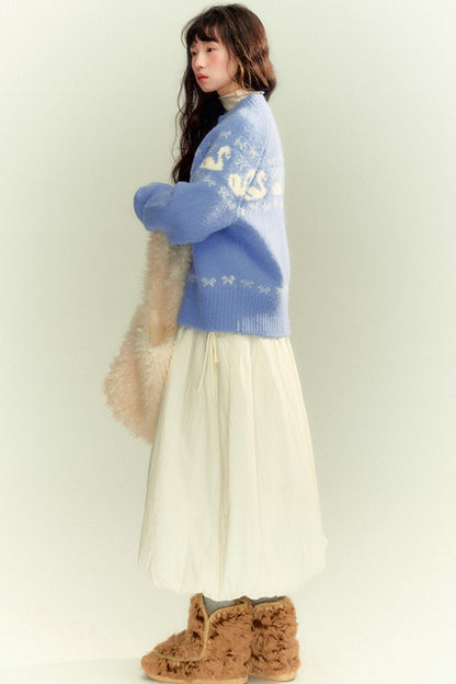 Cream Blue Wool Zipper Sweater