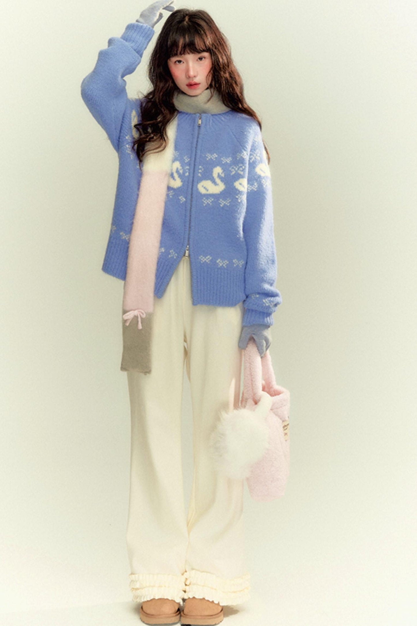 Cream Blue Wool Zipper Sweater