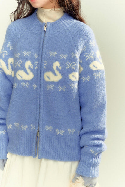 Cream Blue Wool Zipper Sweater