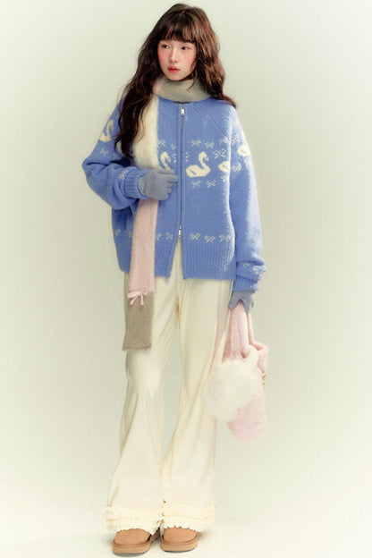 Cream Blue Wool Zipper Sweater