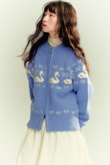 Cream Blue Wool Zipper Sweater