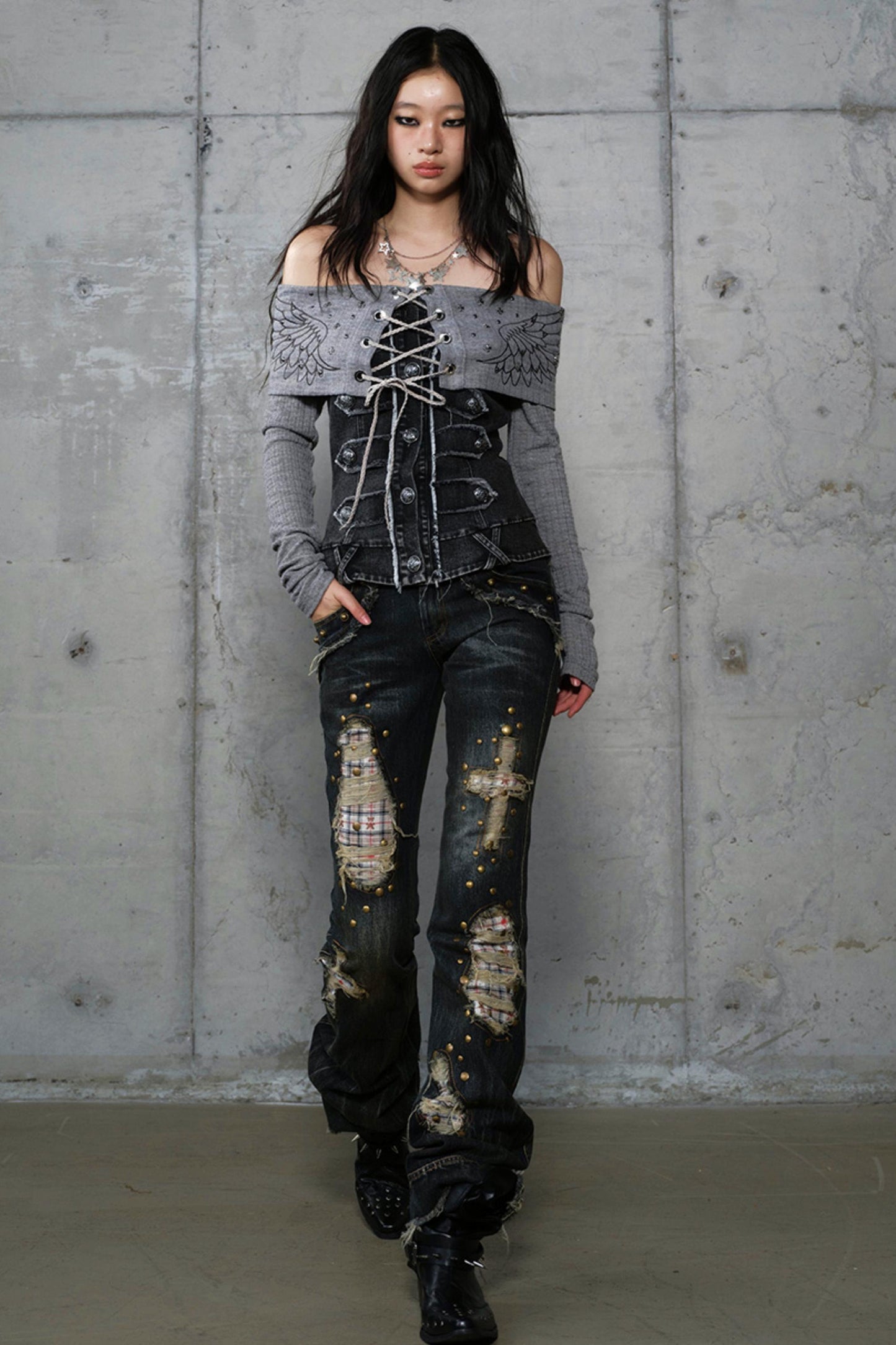 Vintage Denim Embroidered Long Sleeve Shirt