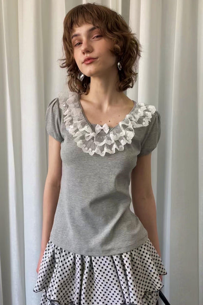 Grey Bubble Knit Lace Mini T-Shirt