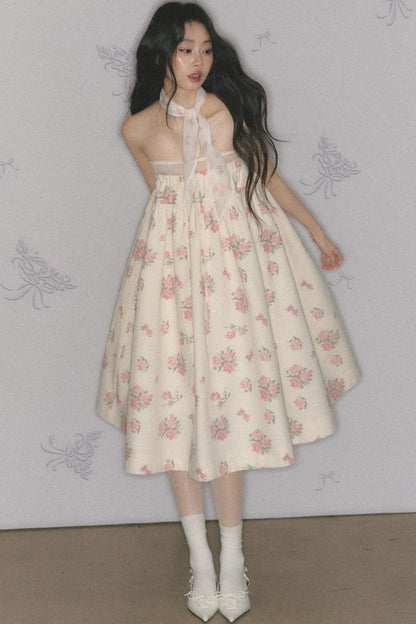 Rose Print Silk Scarf High-Waisted Chic Dress