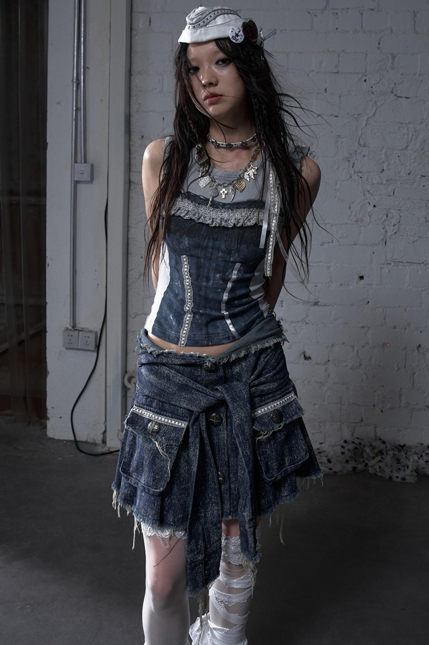 Punk Washed Denim Shirt Skirt