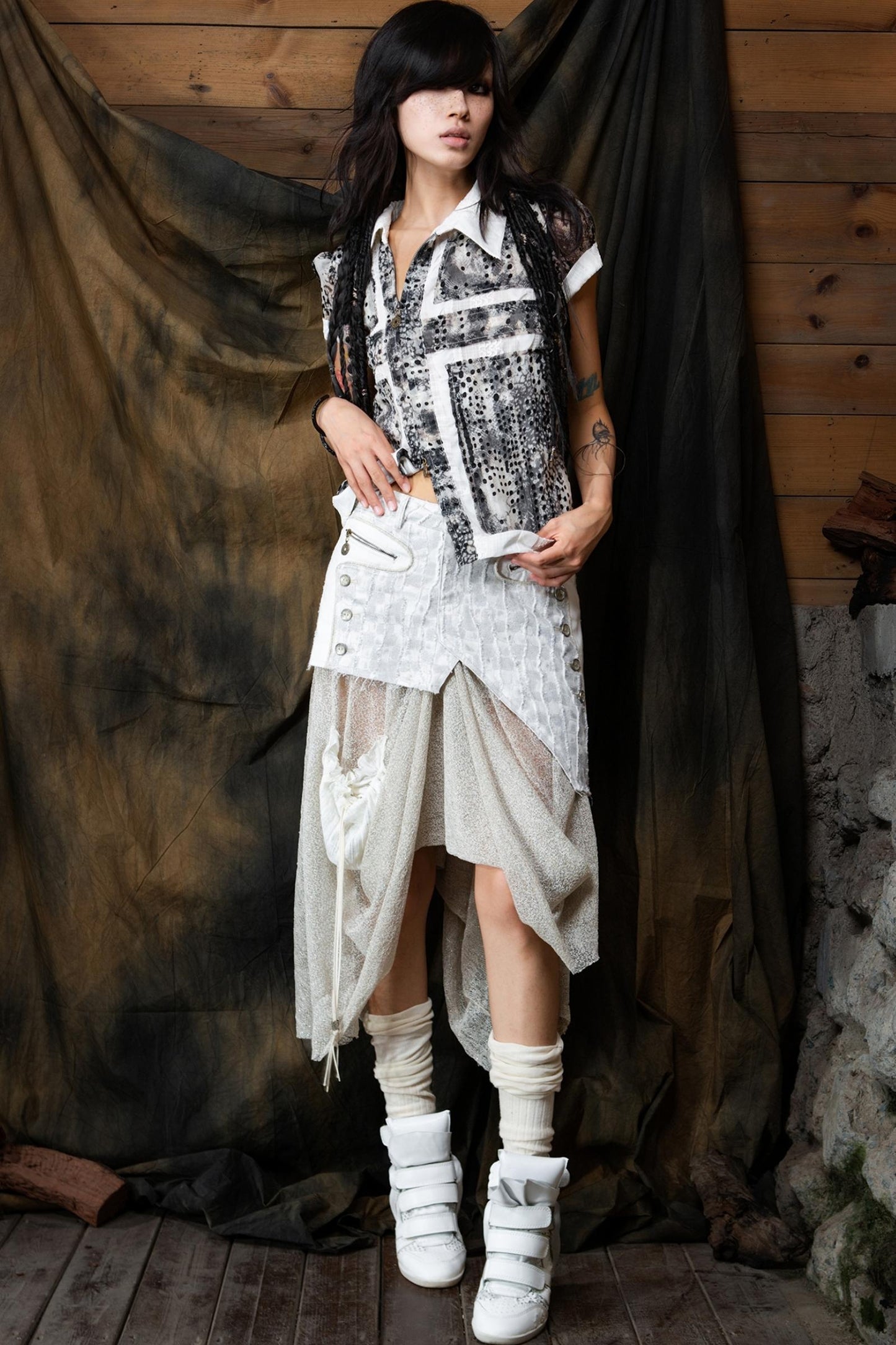 Vintage Patchwork Mesh Maxi Skirt