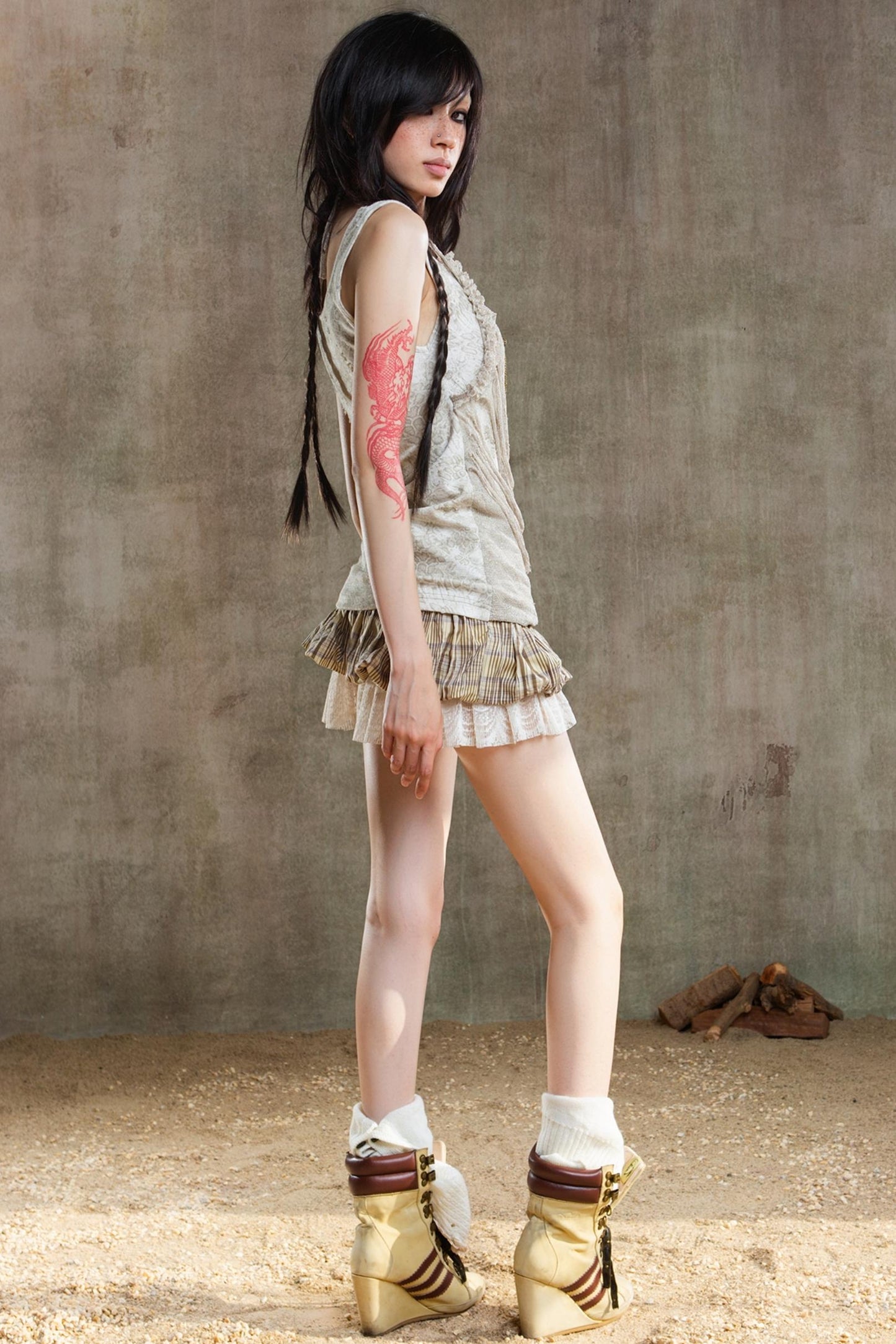 Color-Block Plaid Mini Skirt