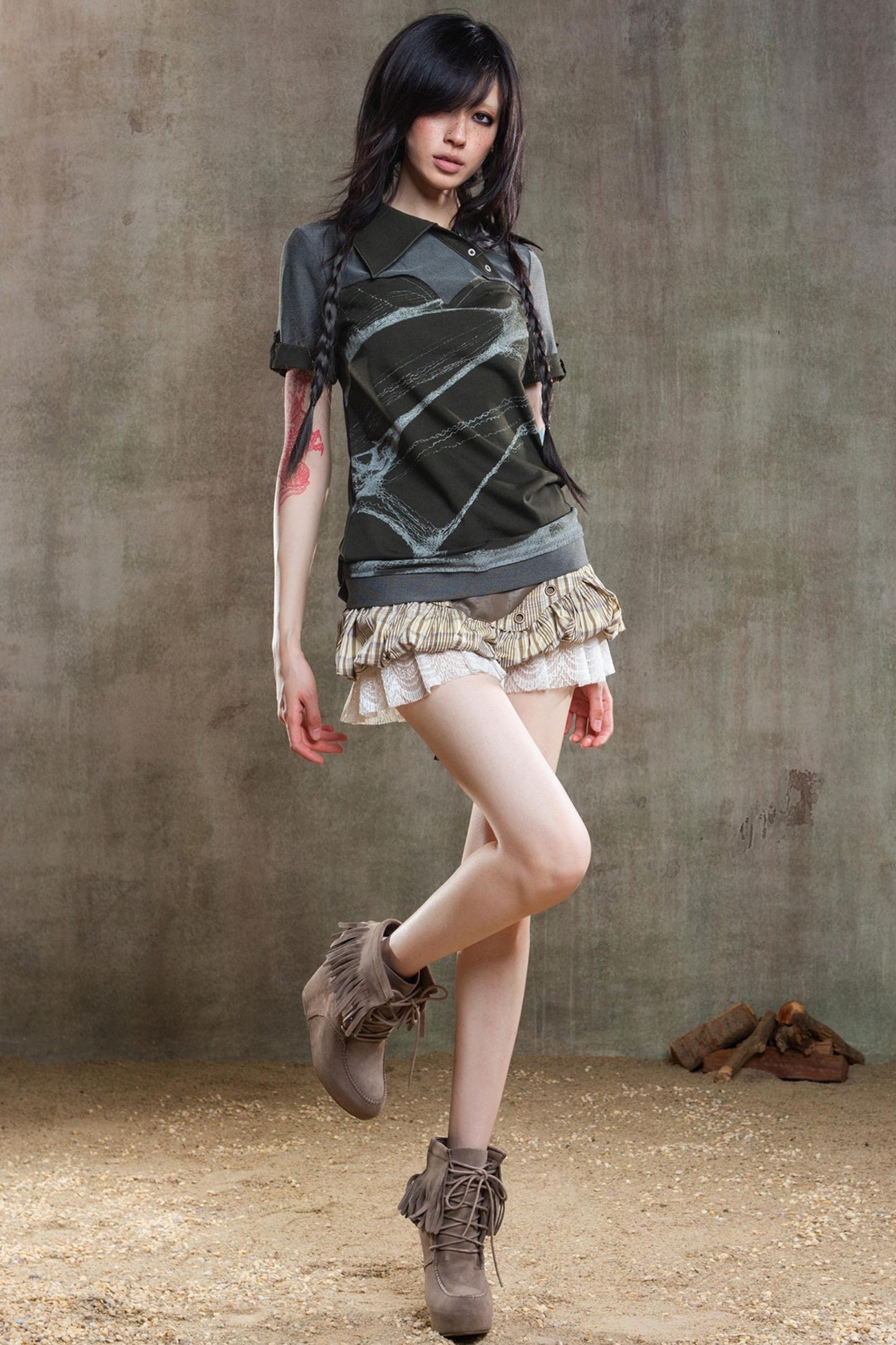 Color-Block Plaid Mini Skirt