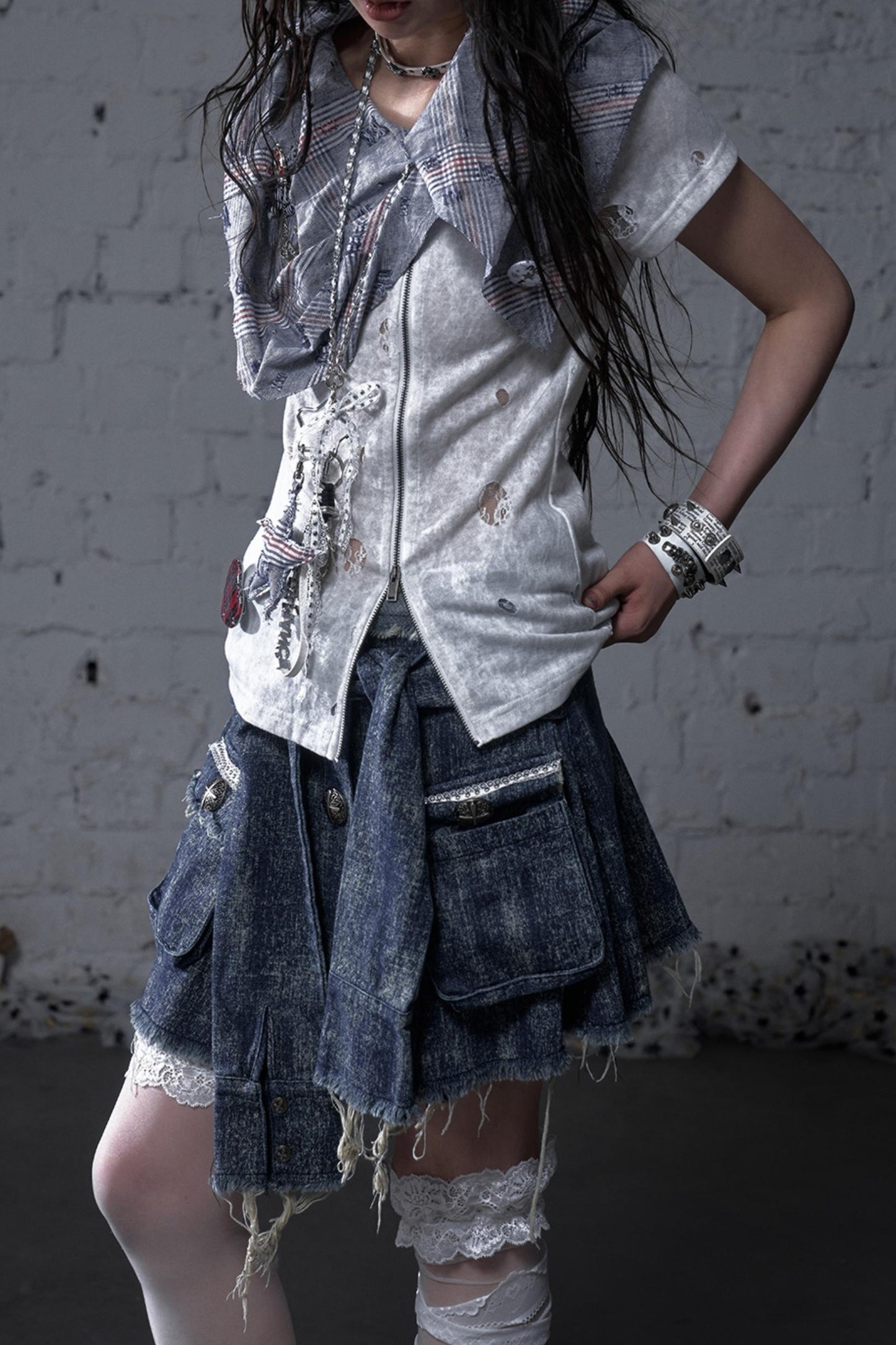 Punk Washed Denim Shirt Skirt