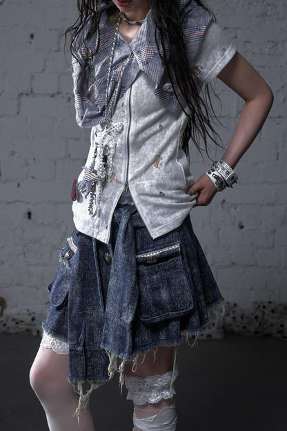 Punk Washed Denim Shirt Skirt