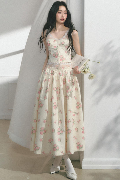 Rose Print Silk Scarf High-Waisted Chic Dress