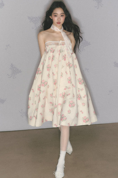 Rose Print Silk Scarf High-Waisted Chic Dress