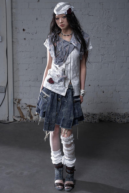 Punk Washed Denim Shirt Skirt