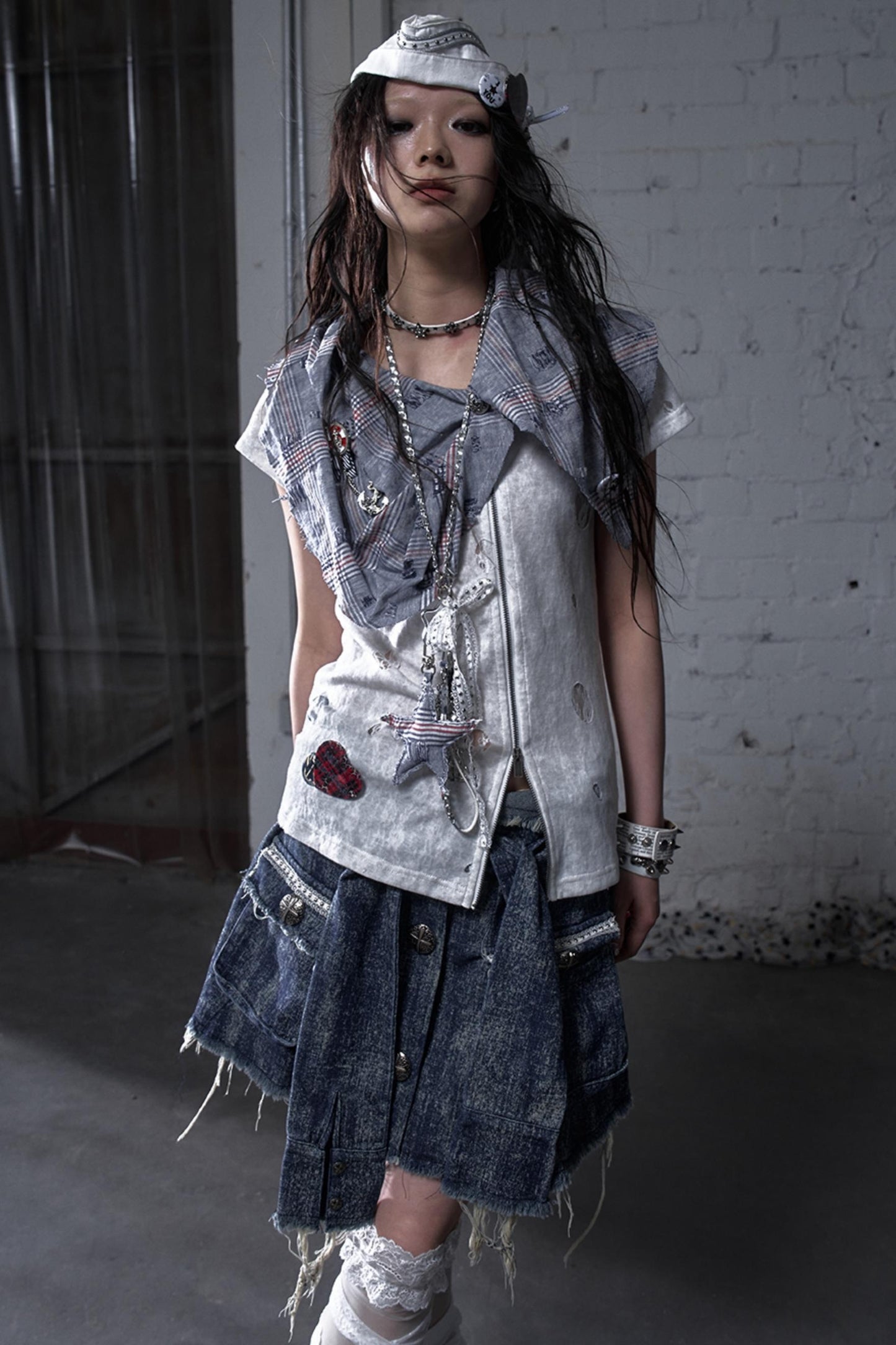 Punk Washed Denim Shirt Skirt