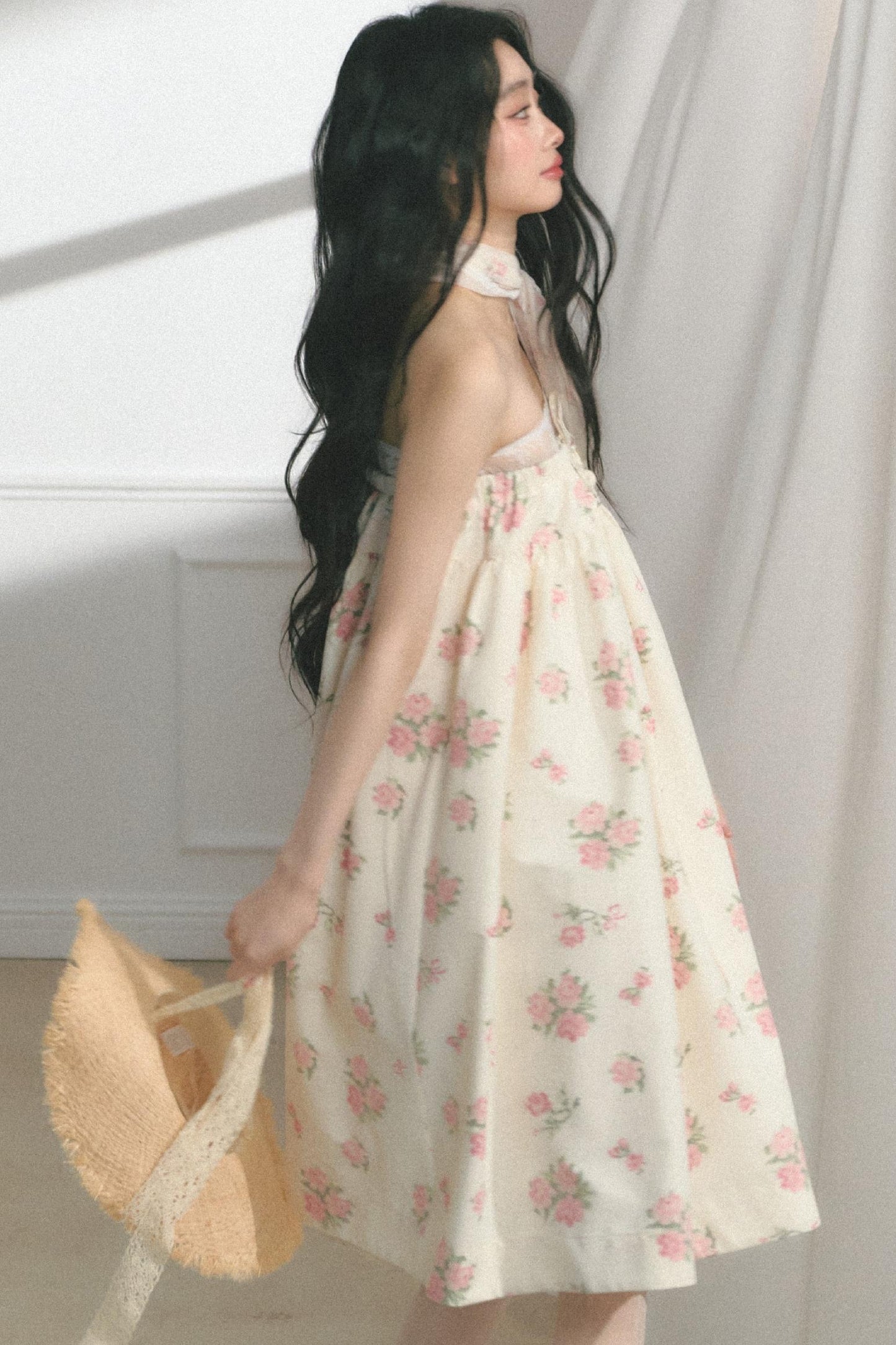 Rose Print Silk Scarf High-Waisted Chic Dress