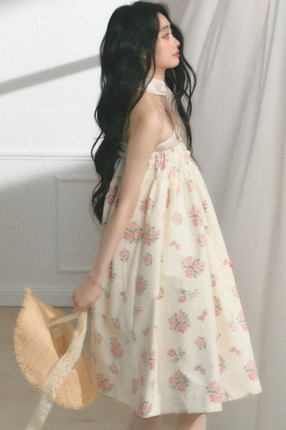 Rose Print Silk Scarf High-Waisted Chic Dress