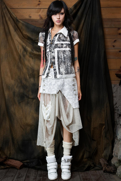 Vintage Patchwork Mesh Maxi Skirt