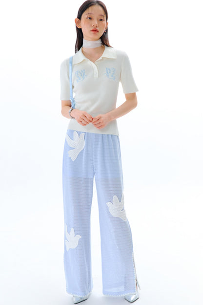 Sun Bird Embroidery Loose Knit Trousers