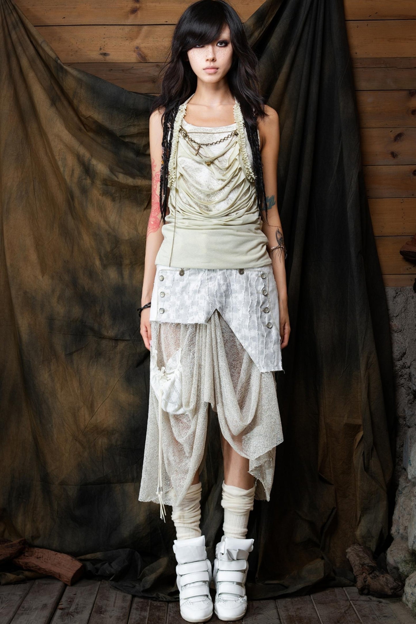 Vintage Patchwork Mesh Maxi Skirt