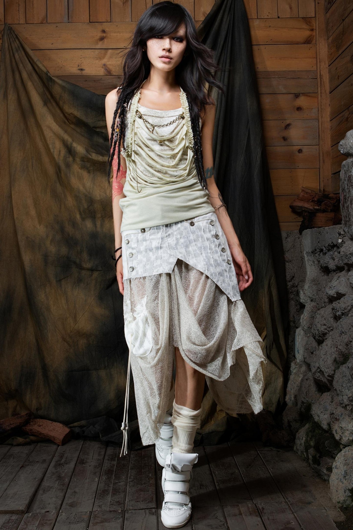 Vintage Patchwork Mesh Maxi Skirt