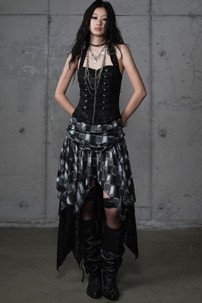 Velvet Irregular Check Bandeau Dress