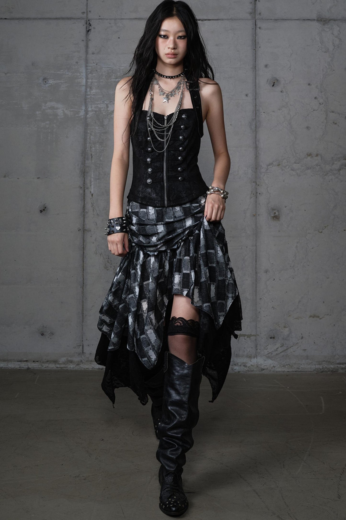 Velvet Irregular Check Bandeau Dress