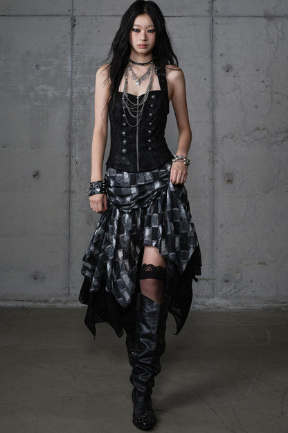 Velvet Irregular Check Bandeau Dress