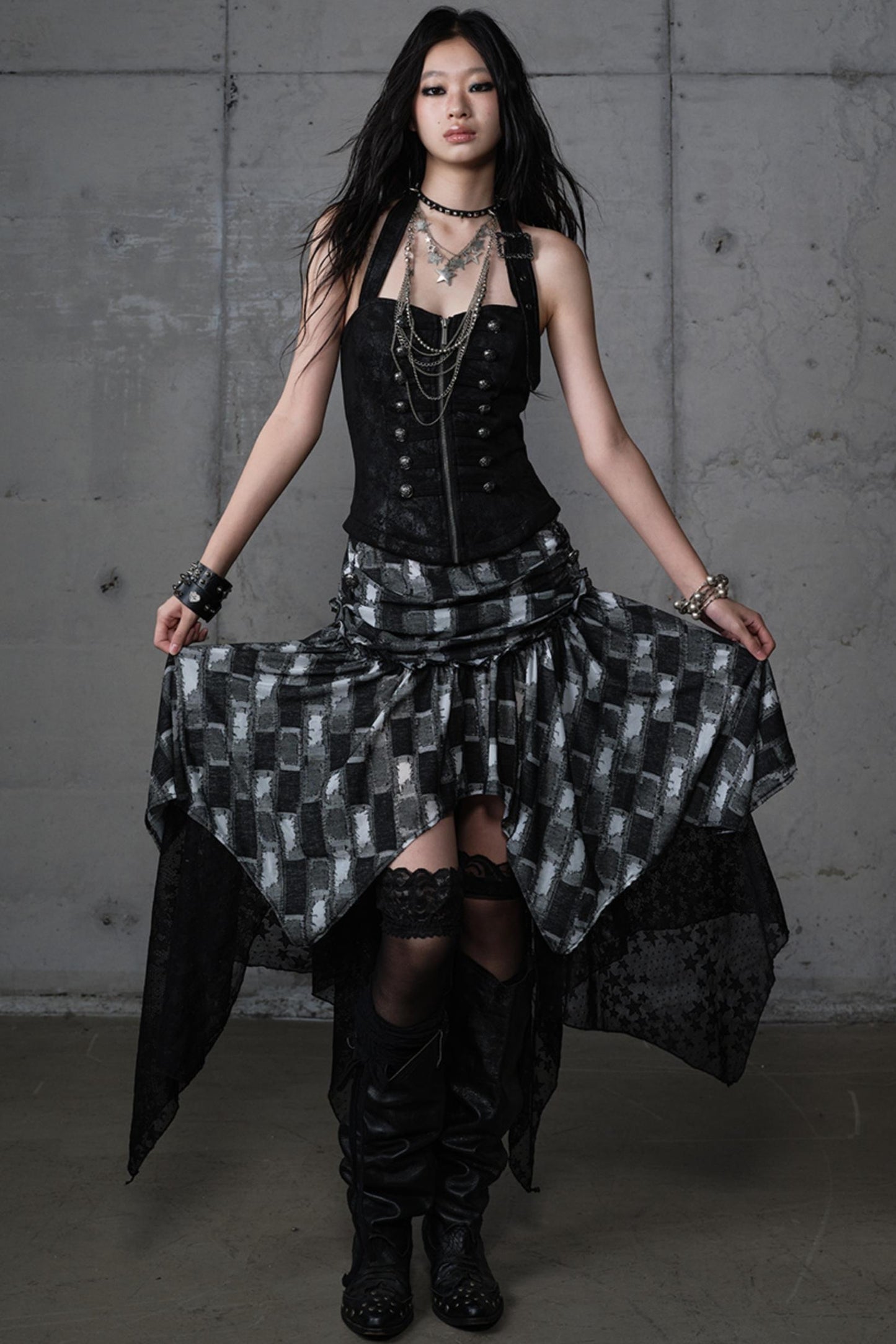 Velvet Irregular Check Bandeau Dress